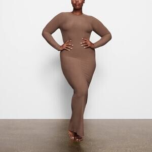 SKIMS Soft Lounge Dress Ribbed Crew Neck Long Sleeve Maxi Oxide Brown NWT XXS